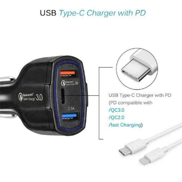 35 Watt 3-Port Fast Charging Car Charger QC 3.0 3.5A USB Ports PD Type-C B4HP - Image 6