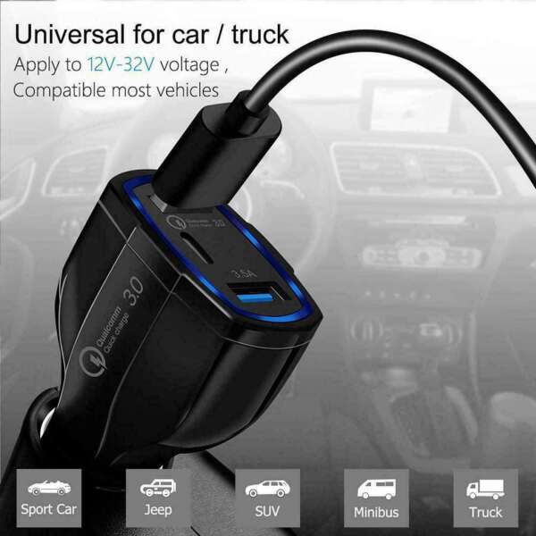 35 Watt 3-Port Fast Charging Car Charger QC 3.0 3.5A USB Ports PD Type-C B4HP - Image 4