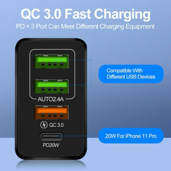36W Wall Fast Charger Adapter QC3.0 USB Type-C PD 20W Plug Quick Charge 4 Ports - Image 3